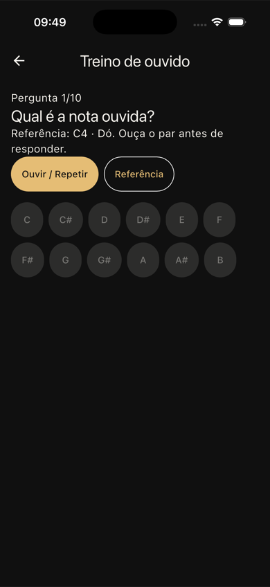 Treino auditivo do FretUp com referência, repetição e alternativas de nota
