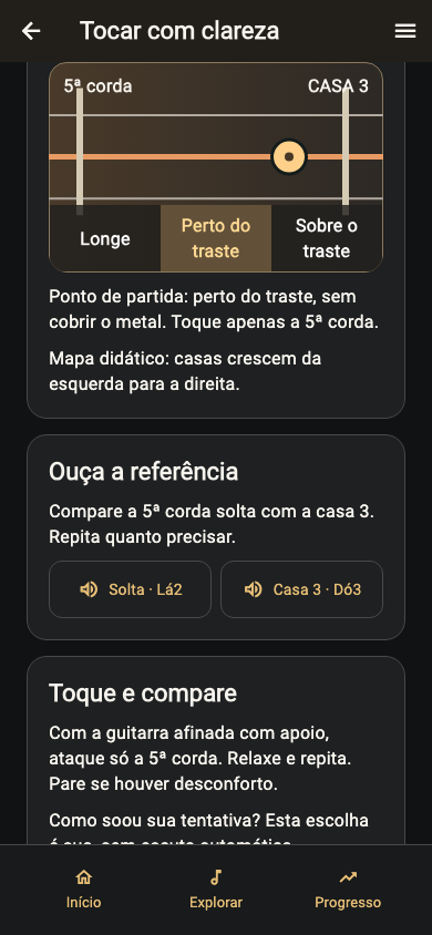 Prática do FretUp com diagrama de corda, casa e referências de áudio